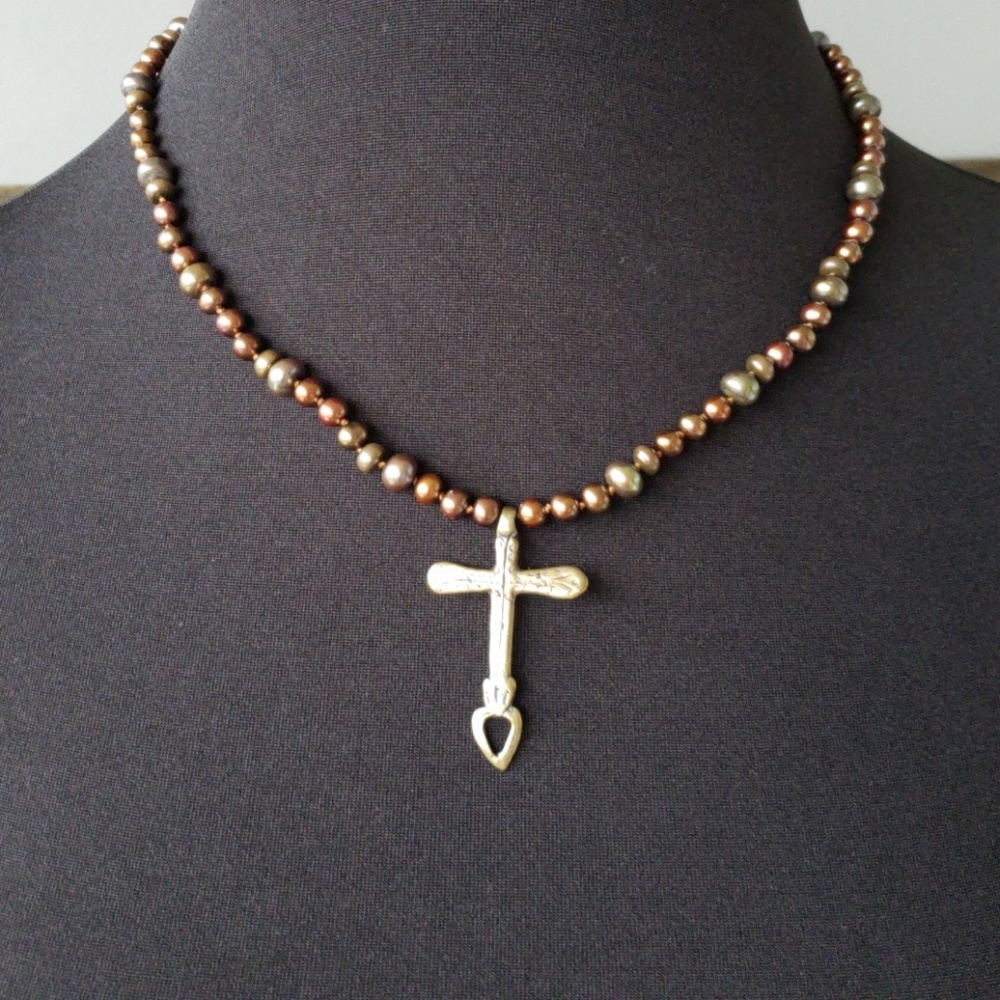 Bronze cross hand knotted pearls